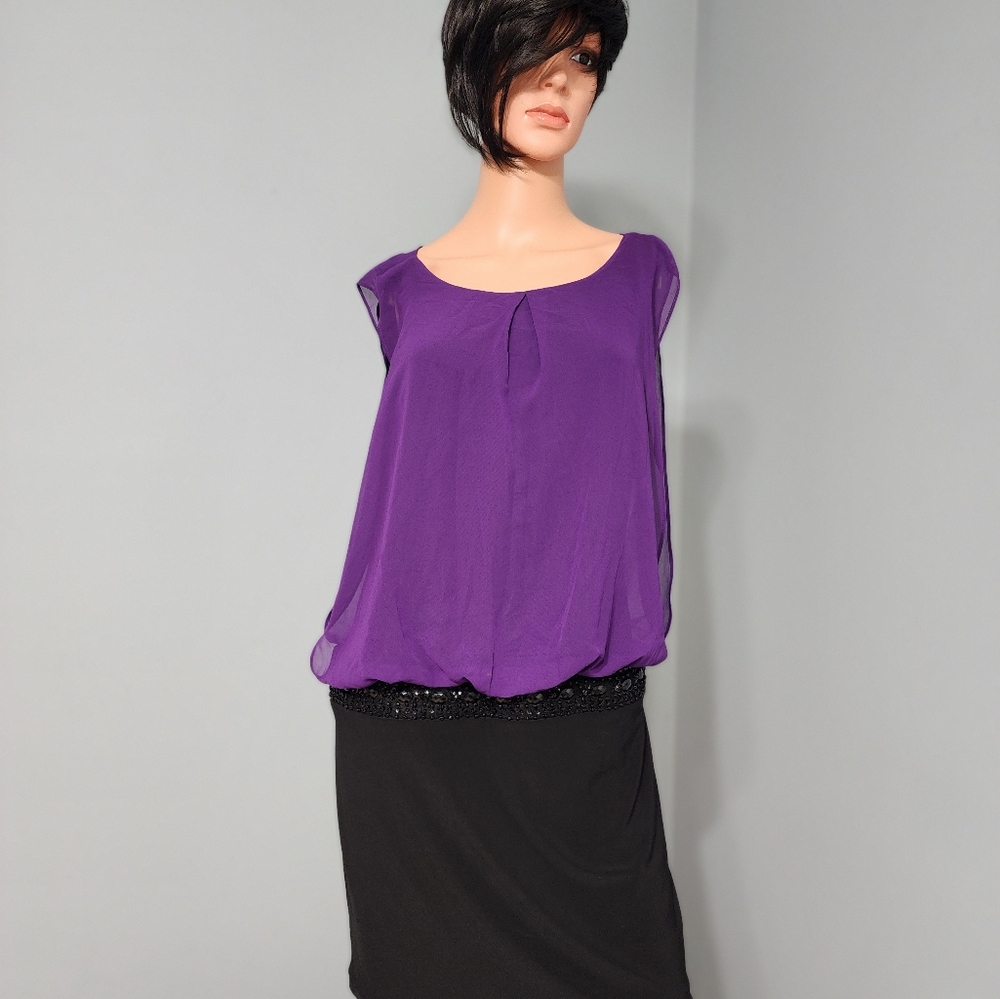 Purple Sheer Blouse with Black Skirt. BISOU .SIZE 10 .W16 Box Vestido